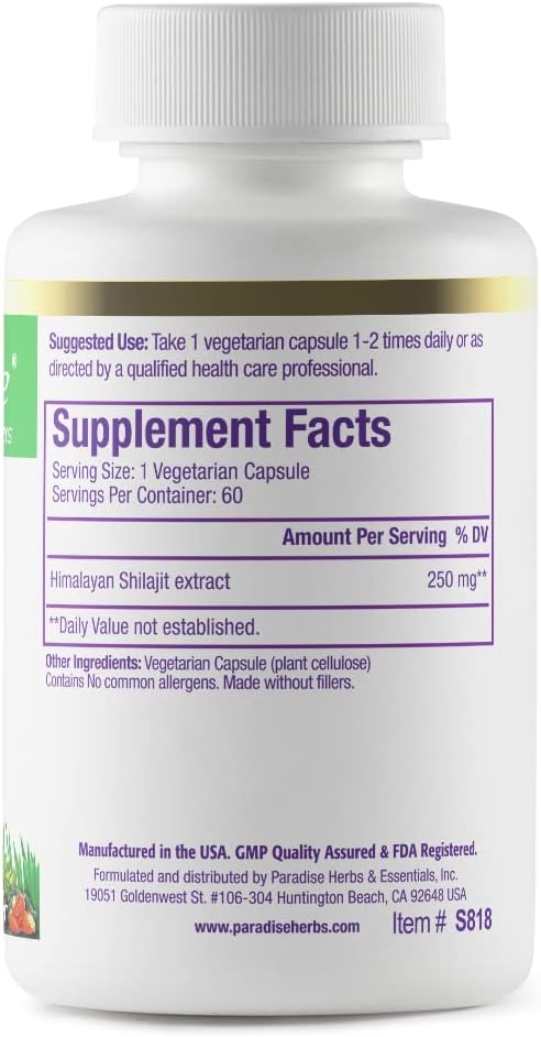 Paradise Herbs Shilajit Extract, Whole Active Plant Extract, Super Potent, Ultra Pure, Vegan, Non-GMO, Gluten Free, Keto, 60 Count Vegetarian Capsules