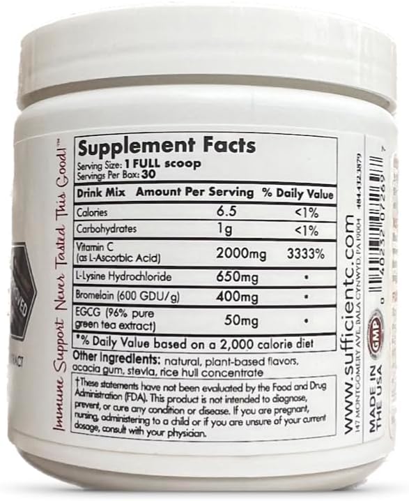 Sufficient-C High Dose Non-GMO Vitamin C Lemon Peach Immune-Ade Drink Mix, Convenient 125 Gram Size w/L-lysine, Bromelain & a Premium 96% Pure Green Tea Extract - Stomach Friendly, Adrenal Supportive
