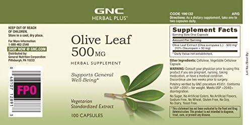 GNC Herbal Plus Olive Leaf 500mg Supplement, Vegetarian, Supports General Well-Being, 100 Servings