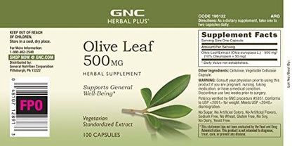 GNC Herbal Plus Olive Leaf 500mg Supplement, Vegetarian, Supports General Well-Being, 100 Servings