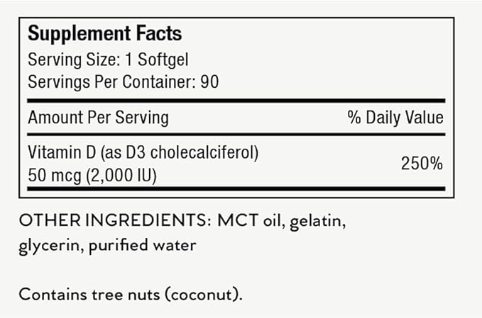 Nutri-Rich Daily Vitamin D3 2,000 IU (50 mcg) Dietary Supplement for Bone, Immune Health Support, Healthy Teeth, Healthy Muscle Function, Gluten Free, Soy Free, Vitamin D 90 Softgels