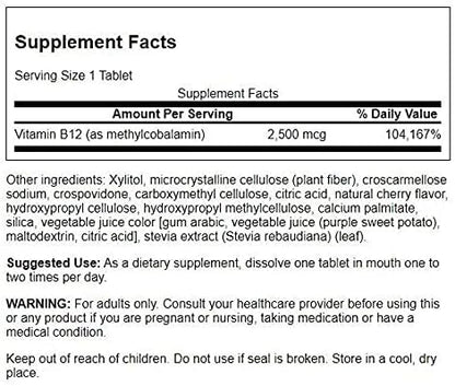 Swanson Vitamin B12 Methylcobalamin - Natural Black Cherry Flavored 2,500 mcg 60 Tabs (2 Pack)