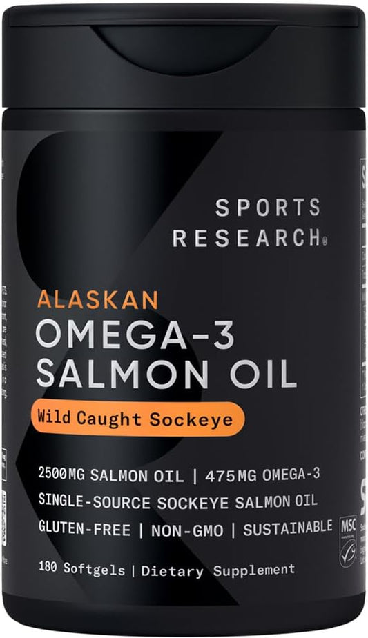 Sports Research® Salmon Oil - Single-Source Wild Alaskan Sockeye | 2500 mg per Serving w/EPA & DHA Fatty Acids | MSC Certified - 180 Count Softgels