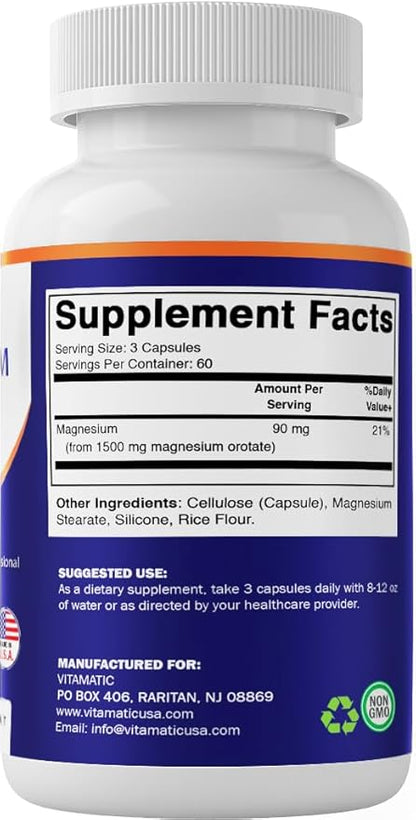 Vitamatic Magnesium Orotate Supplement – 1500mg per Serving, 180 Capsules – Supports Muscle, Nerve and Heart Health - Non-GMO, Gluten Free