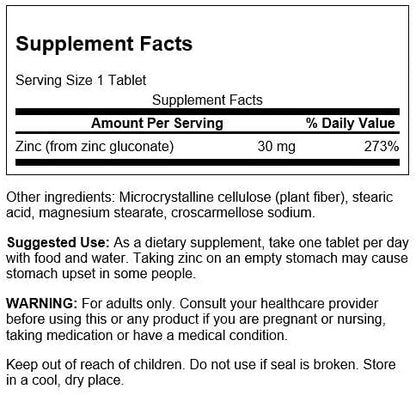 Swanson Zinc Gluconate - Mineral Supplement Promoting Prostate Health, Vision Health, & Immune Support -Gluconate Form for Optimal Absorption - (250 Tablets, 30mg Each) (2 Pack)