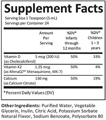 Kiddivit Baby Calcium Liquid Drops with Vitamin D3 & K2-24 Daily Servings, 4 Fl Oz (120 mL) - Inulin Fortified (Prebiotic, Dietary Fiber) - Sugar Free, Gluten Free, Vegetarian Friendly