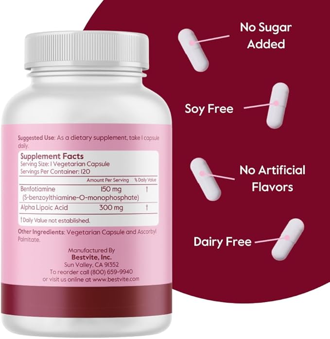 BESTVITE Benfotiamine 150mg / Alpha Lipoic Acid 300mg (120 Vegetarian Capsules) - No Stearates - Vegan - Gluten Free - Non GMO
