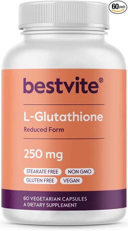 BESTVITE L-Glutathione 250mg (60 Vegetarian Capsules) - No Stearates - Vegan - Non GMO - Gluten Free