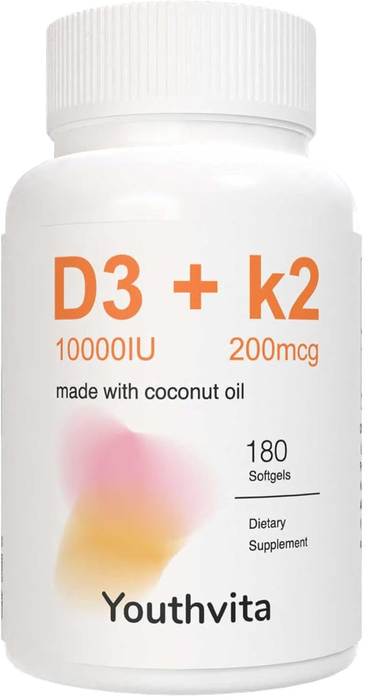 d3 k2 Vitamin 10000 iu, 180 Coconut Oil Softgels | 2 in 1 Vitamins Supplement D3 10000 IU & K2 (MK7) 200 mcg, Easy to Swallow, Supports Calcium Absorption, Bone Immune, & Heart Health