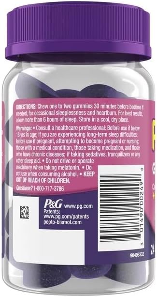Pepto PM Gummies with Melatonin for Sleep Support, Fast and Effective Digestive Relief from Heartburn, Indigestion, Upset Stomach and Sleeplessness - Berry Flavor, 24 Ct (Pack of 3)