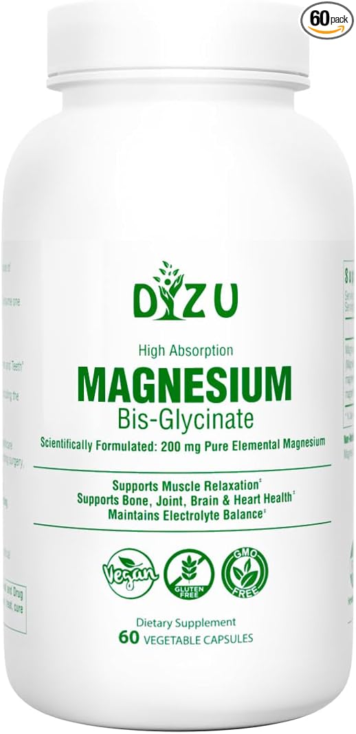 Dizu - Magnesium Bisglycinate 200 mg, Pure Elemental Chelated Complex, Supports Sleep, Muscle, Bone, Heart & Energy Metabolism, with Glycine & Oxide, Vegetable Capsules