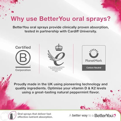 BetterYou D3000 Vitamin D Oral Spray - Convenient Alternative for Tablets - Promotes Strong Bones, Teeth and Immune System - Aids in Calcium Absorption - Natural Peppermint Flavor - 0.5 oz