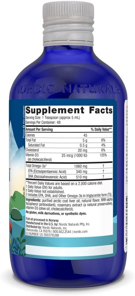 Nordic Naturals Arctic-D Cod Liver Oil, Lemon - 8 oz - 1060 mg Total Omega-3s + 1000 IU Vitamin D3 - EPA & DHA - Heart, Brain, Bone, Immune & Mood Support - Non-GMO - 48 Servings