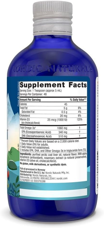 Nordic Naturals Arctic-D Cod Liver Oil, Lemon - 8 oz - 1060 mg Total Omega-3s + 1000 IU Vitamin D3 - EPA & DHA - Heart, Brain, Bone, Immune & Mood Support - Non-GMO - 48 Servings