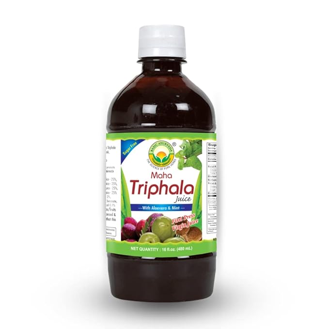 Basic Ayurveda Maha Triphala Juice with Aloe Vera & Mint | First Press Virgin Juice | Natural Herbal Beverage | Sugar Free | Pleasant Taste | 16.23 Fl Oz (480ml)