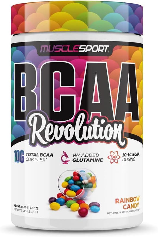 MuscleSport BCAA Revolution Amino Acid Powder Supplement for Men & Women - Intra Workout Training Complex - Recovery Supplement (Rainbow Candy, 30 Servings)