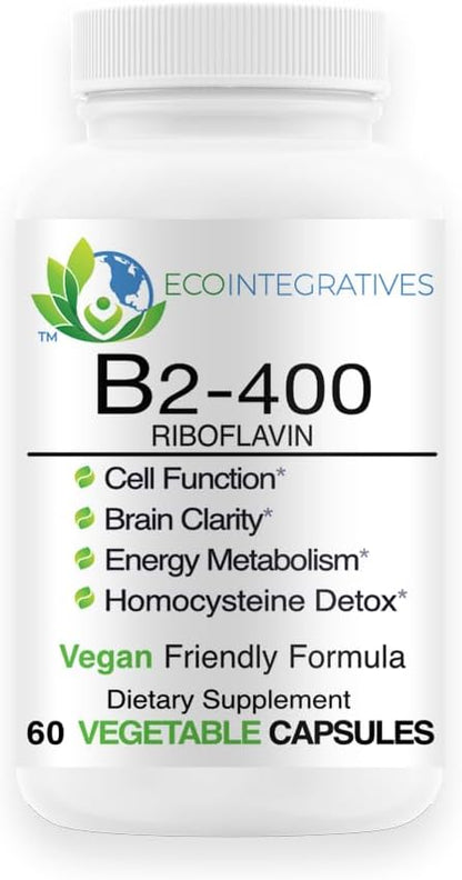 B2-400 Pure Riboflavin - Nervous System Health, Homocysteine Detox, Cardiovascular, Helps Boost Energy, Mental Clarity, Metabolism and Cell Function - 60 Vegan Capsules