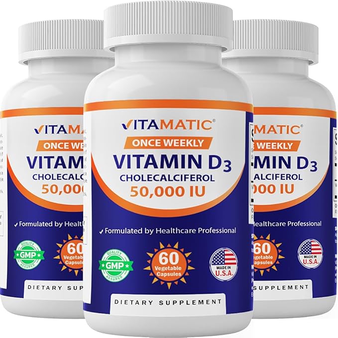 Vitamatic 3 Pack Vitamin D3 50,000 IU (as Cholecalciferol), Once Weekly Dose, 1250 mcg, 60 Veggie Capsules 1 Year Supply, Progressive Formula Helping Vitamin D Deficiencies