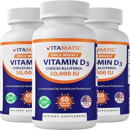 Vitamatic 3 Pack Vitamin D3 50,000 IU (as Cholecalciferol), Once Weekly Dose, 1250 mcg, 60 Veggie Capsules 1 Year Supply, Progressive Formula Helping Vitamin D Deficiencies