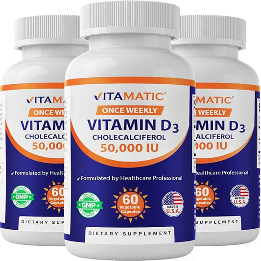 Vitamatic 3 Pack Vitamin D3 50,000 IU (as Cholecalciferol), Once Weekly Dose, 1250 mcg, 60 Veggie Capsules 1 Year Supply, Progressive Formula Helping Vitamin D Deficiencies