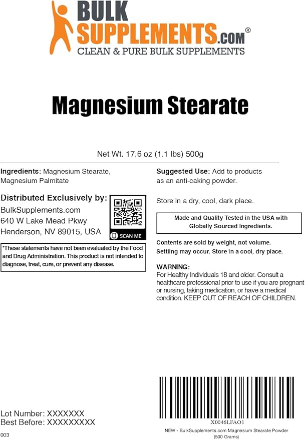 BulkSupplements.com Magnesium Stearate Powder - Anti-Caking, Flowing Agent, & Filler - Magnesium Stearate Food Grade, Servings May Vary - 500g (1.1 lbs) (Pack of 1)