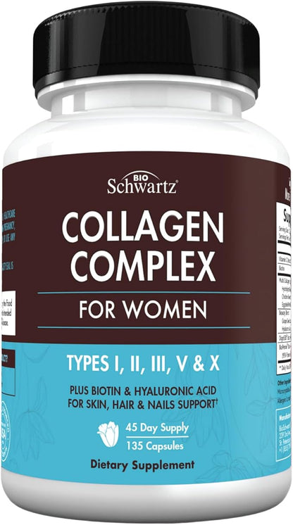 Hydrolyzed Collagen Peptide Capsules for Women - Multi Collagen Supplement Types I, II, III, V, X with Vitamin C, Biotin, Keratin - Skin, Hair & Nails Support - 135 Capsules