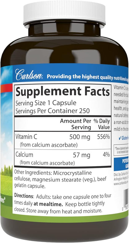 Carlson - Mild-C, 500 mg Buffered Vitamin C, Immune Support & Optimal Wellness, Antioxidant, 250 capsules