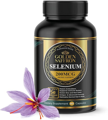 Golden Saffron Selenium (200mcg Selenium & 88.5 mg Saffron Extract) - to Support Overall Health, Non-GMO, Gluten Free, Dairy Free, with Unique and Advanced Formula – Made in USA & Tasteless.