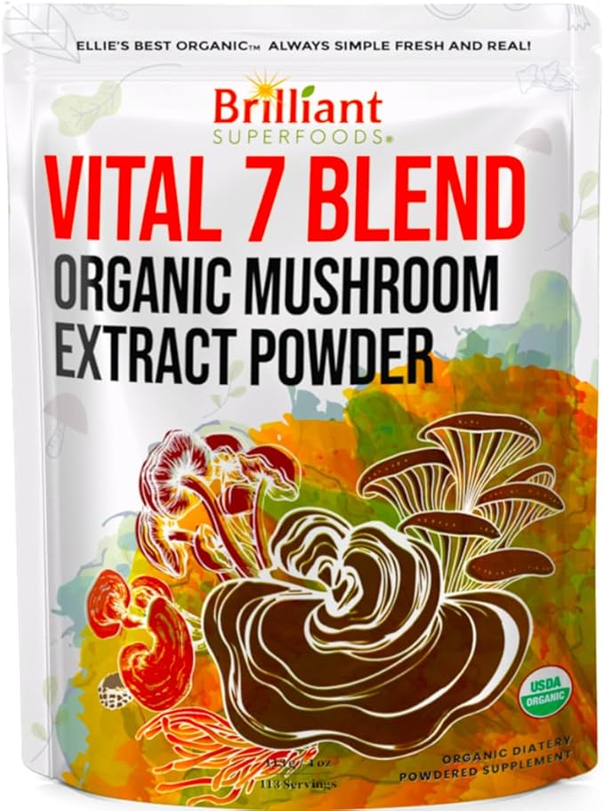 Ellie's Best 7 Mushroom Powder Extract Blend Supplement Organic 114 Servings High Potency Double Extracted Cordyceps, Reishi, Turkey Tail, Chaga, Lion's Mane - 4oz