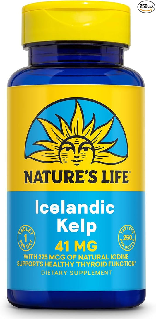 Nature's Life Icelandic Kelp 41 mg - Sea Kelp Iodine Supplement from Icelandic Seawater - Thyroid Support for Women and Men with 225mcg Natural Iodine - 60-Day Guarantee, 250 Servings, 250 Tablets