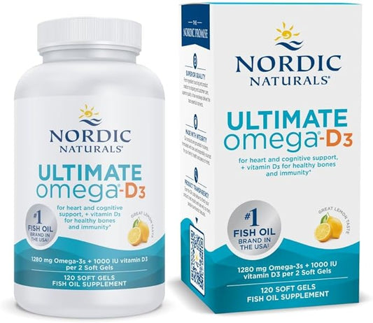 Nordic Naturals Ultimate Omega-D3, Lemon Flavor - 120 Soft Gels - 1280 mg Omega-3 + 1000 IU Vitamin D3 - EPA & DHA - Promotes Brain, Heart, & Immune Health - 60 Servings