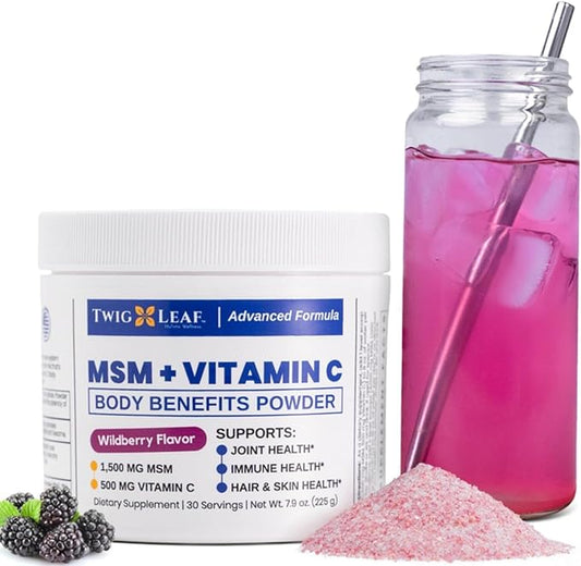 Twig & Leaf MSM + Vitamin C Powder - MSM Powder for Hair Growth & Nail Strength - MSM Supplement for Joint Flexibility - Wildberry MSM Sulfur Powder 30 Servings Non-GMO & Gluten Free - 7.9 Oz