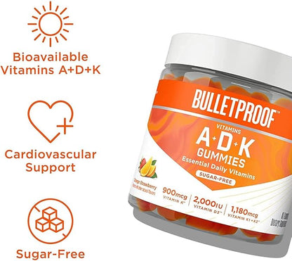 Bulletproof Vitamins A+D+K, 60 Sugar-Free Gummies, Strawberry Orange Flavor |Turmeric Sugar-Free Gummies, 60 Count, Peach Ginger