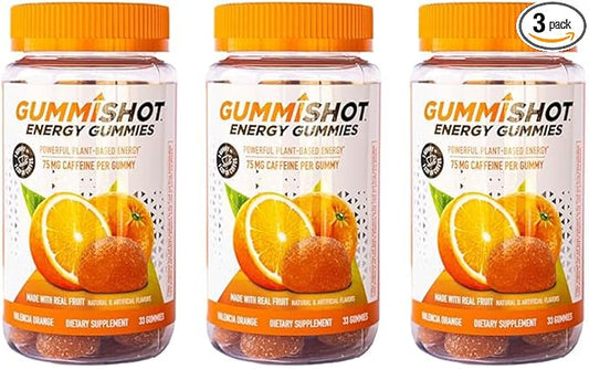 GummiShot Energy Gummies, 2475mg of Plant-Based Caffeine Chews per Bottle, Long Lasting Energy Boosters, Valencia Orange (33ct), Pack of 3