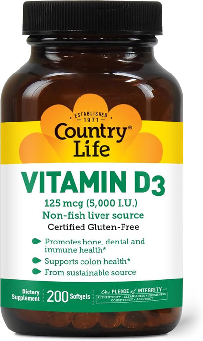 Country Life Vitamin D3 5000 IU for Immune and Bone Health, Calcium Absorption, and Colon Health - Sustainable Source from Lanolin, Available in Various Strengths