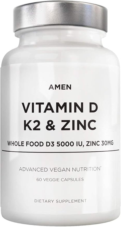 Amen Vitamin D, K2 & Zinc, Cholecalciferol D3 5000 IU, Organic Whole Food Blend with Apple, Blueberry, Cranberry, Elderberry Powder Fruits, Vegan Supplement, D3 K2 Vitamins, Non-GMO - 60 Capsules