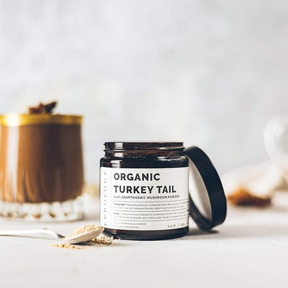 Erbology Organic Turkey Tail Mushroom Powder 40 Servings - 22% Beta-glucans - Prebiotic and Gut Nourishing - Trametes Versicolor - Small Batch - Sustainably Grown in Europe - Vegan - Non-GMO