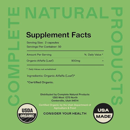 Complete Natural Products Pure Alfalfa Leaf - 100 Capsules - 630mg of Pure Dried Organic Alfalfa Leaf Powder in Veggie Capsules
