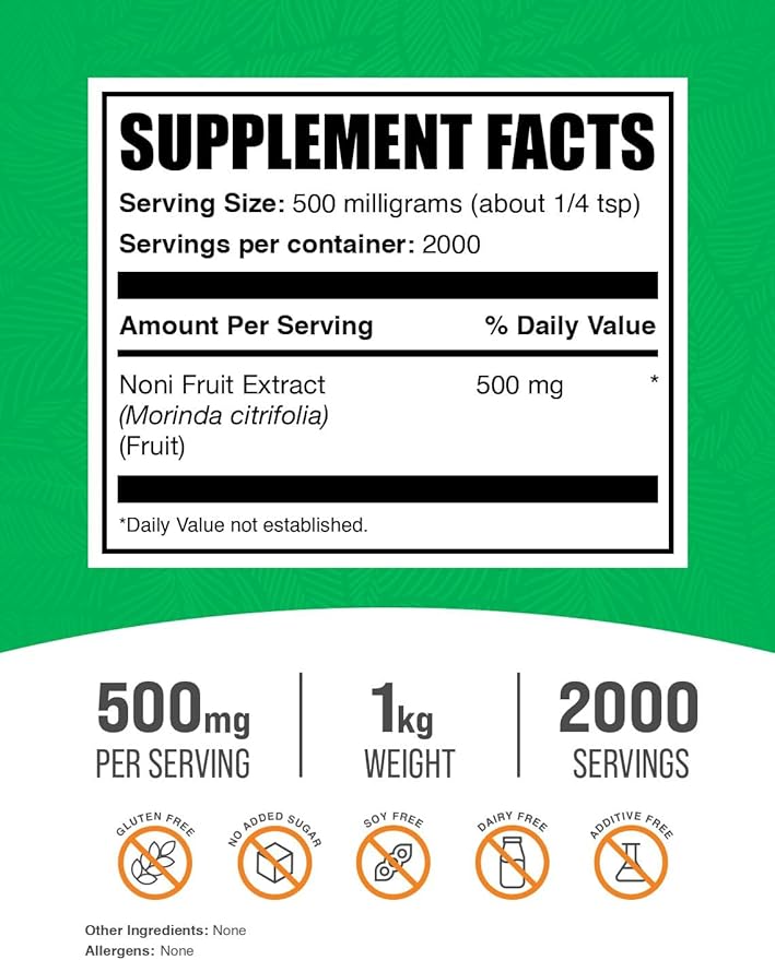 BulkSupplements.com Noni Fruit Extract Powder - Noni Fruit Supplement, Noni Fruit 500mg - Superfood Powder, Gluten Free, 500mg per Serving, 1kg (2.2 lbs) (Pack of 1)