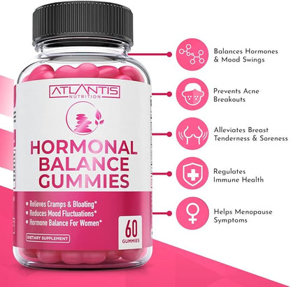 Atlantis Nutrition Hormonal Balance for Women & PMS Relief Gummies - Alleviates Cramps, Bloating, Mood Swings, Hot Flashes & Night Sweats - Cranberry, Dong Quai & Chasteberry Menstrual Cramp Relief