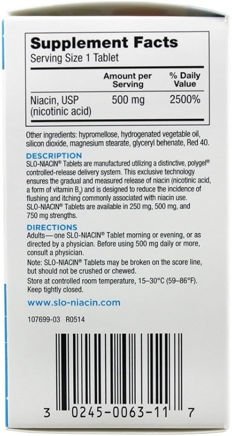 Slo-Niacin Vitamin B3 500 Mg - Slow Release Niacin for Heart Health, Energy Boost, Health Skin, Healthy Blood Sugar Levels - 100 Capsules