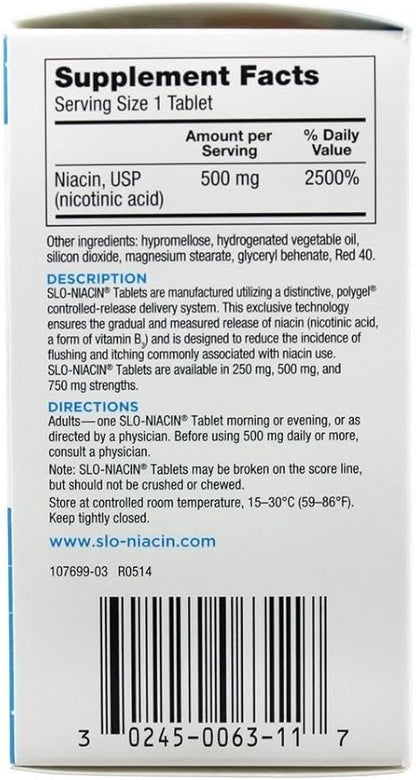 Slo-Niacin Vitamin B3 500 Mg - Slow Release Niacin for Heart Health, Energy Boost, Health Skin, Healthy Blood Sugar Levels - 100 Capsules