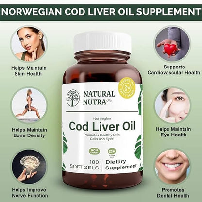 Natural Nutra Norwegian Cod Liver Oil Supplement, Helps to Maintain Skin, Helps Maintain Body Density, Eye Health & Nerve Function, Promotes Dental Health, Supports Cardiovascular Health, 100 Softgels