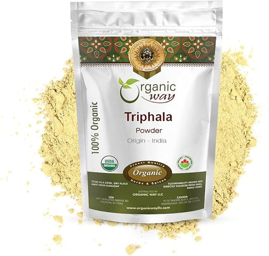Organic Way Triphala Herbal Powder - Amla, Haritaki & Bibhitaki Formula | Kosher & USDA Certified | Non-GMO & Gluten Free | Tested for Heavy Metal and Purity | 100% Raw from India (1/2LBS / 8Oz)
