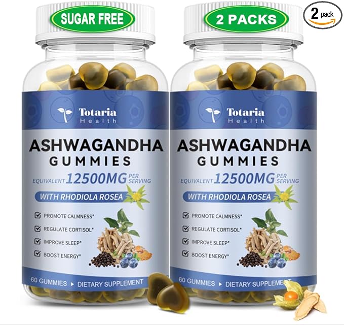(2 Packs) Sugar Free Ashwagandha Filled Gummies w/Vitamin D3, Magnesium Glycinate, Rhodiola, Ultra Strength Ashwa Root Supplements for Women & Wen, for Relaxation, Energy, Cortisol Gummies