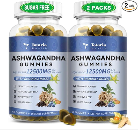 (2 Packs) Sugar Free Ashwagandha Filled Gummies w/Vitamin D3, Magnesium Glycinate, Rhodiola, Ultra Strength Ashwa Root Supplements for Women & Wen, for Relaxation, Energy, Cortisol Gummies
