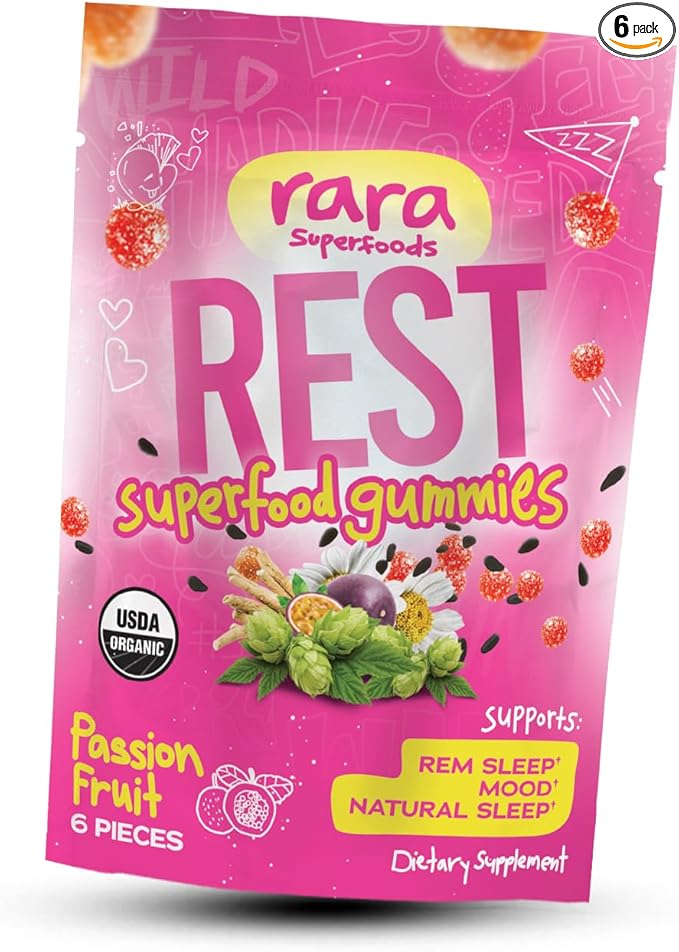 Rest USDA Organic Gummies Natural Sleep & Cognitive Support Supplement, Vegan & Gluten-Free, Infused with Ashwagandha, Hop Extract & Chamomile Extract (6 Gummies, Rest)