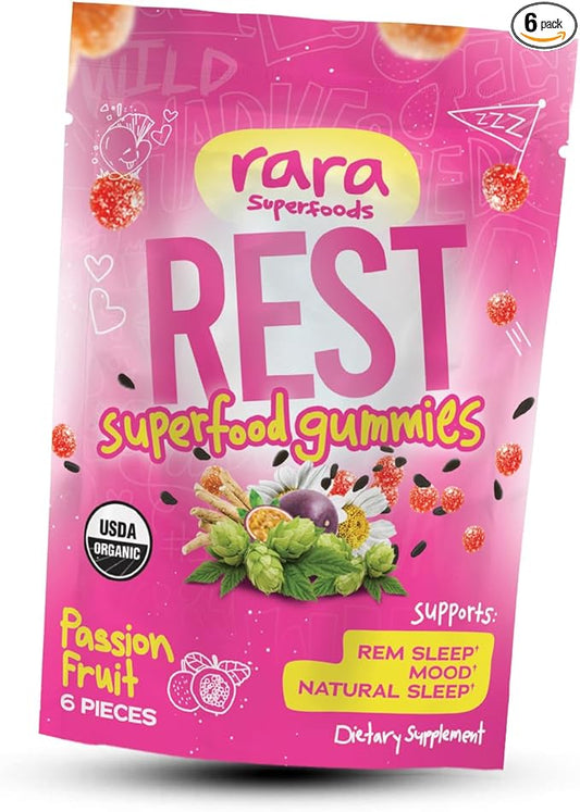Rest USDA Organic Gummies Natural Sleep & Cognitive Support Supplement, Vegan & Gluten-Free, Infused with Ashwagandha, Hop Extract & Chamomile Extract (6 Gummies, Rest)