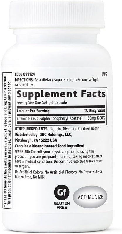 GNC Vitamin E 200mg, 100 Softgels, Supports Healthy Cardiovascular System