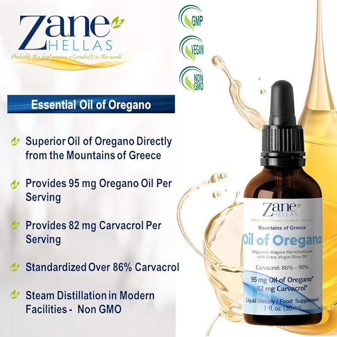 Zane Hellas 50% Oregano Oil. Greek Essential Oil of Oregano .86% Min Carvacrol. 82mg Carvacrol Per Serving. Probably The Best Oregano Oil in The World. 1 fl. oz.- 30ml